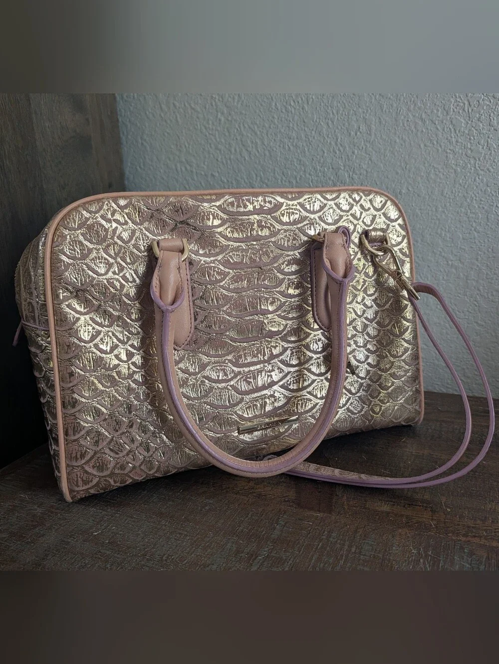 Brahmin Metallic Rose Gold Embossed Satchel
